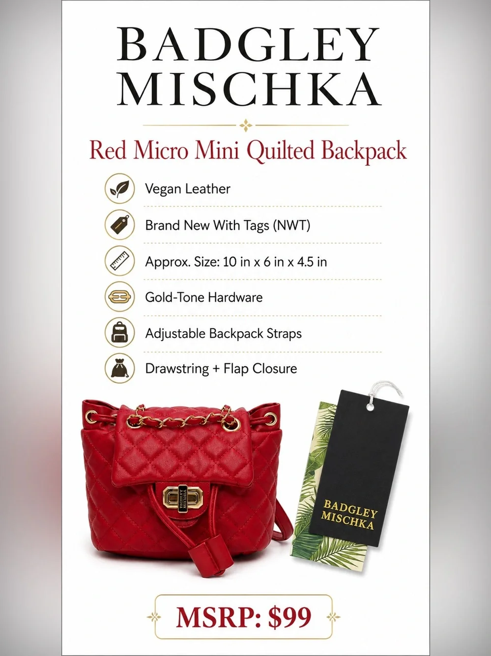 Badgley Mischka Red Quilted Micro Mini Backpack Vegan Leather NWT